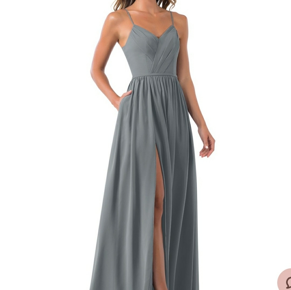 Azazie Cora Steel Gray, A-Line, V-Neck, Spaghetti Straps Floor Length Gown